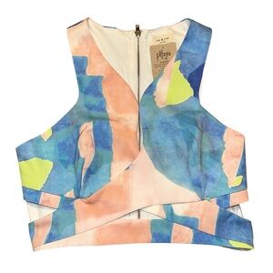 Tea n Cup Multicolor Watercolor Print Cutout Tank Top - Blue, Peach, Lime